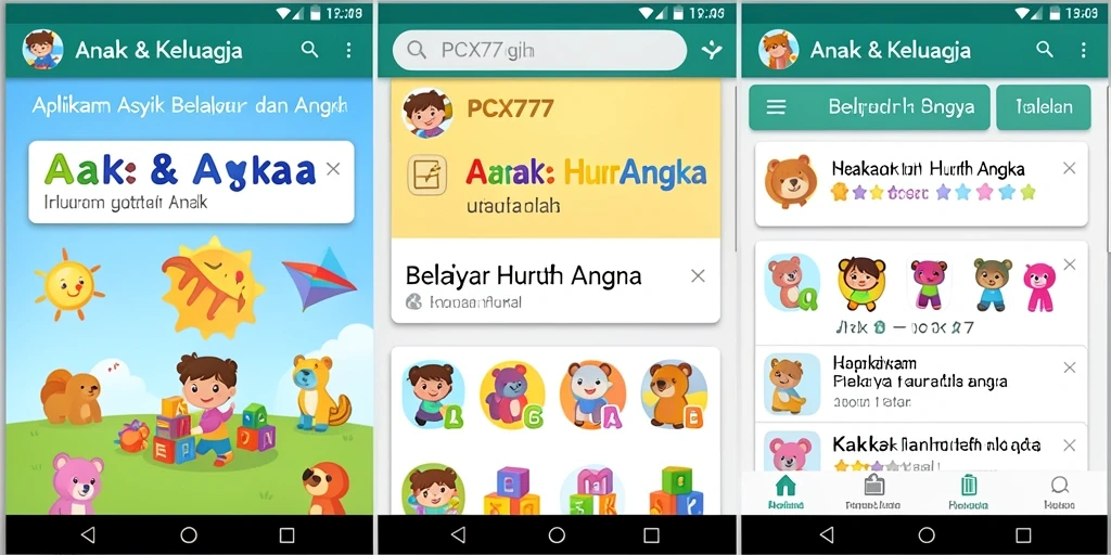 Tampilan antarmuka PCX777 yang ceria untuk belajar huruf dan angka.