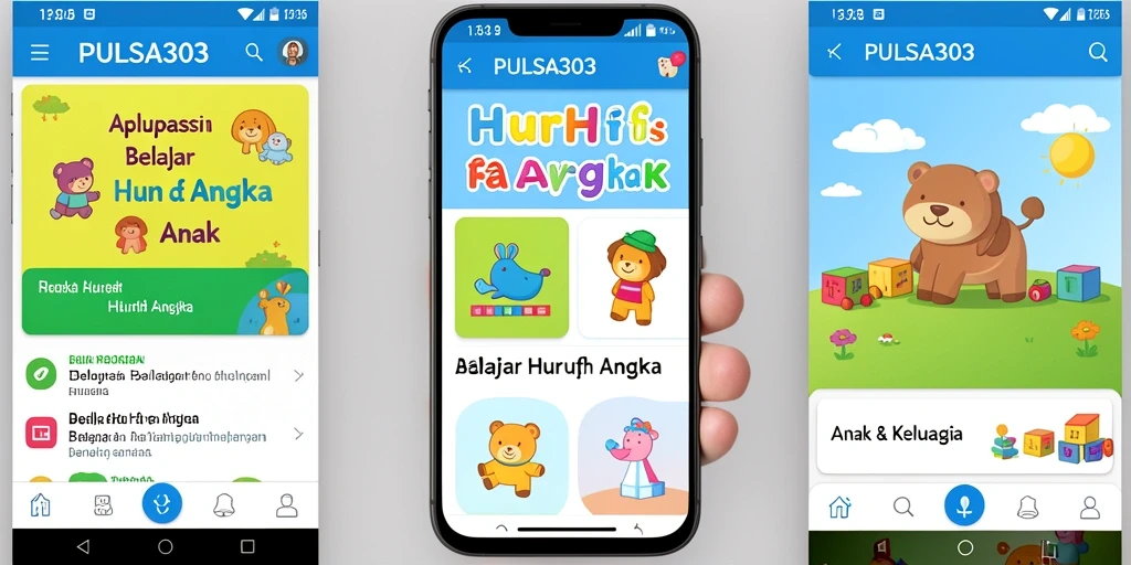 Tampilan antarmuka aplikasi PULSA303 dengan fitur belajar huruf dan angka.